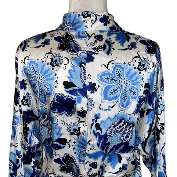 NWT Zara Navy Aqua Blue & White Floral Satin Button Down Blouse - L - Picture 11 of 16